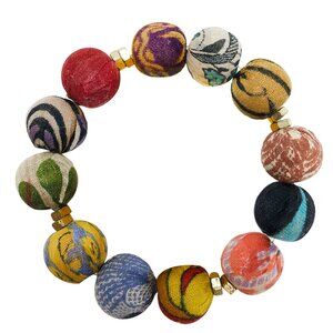 Fair Trade Trio Kantha Bead Stretch Bracelet Upcycled Fabric Boho Handmade NWT